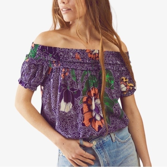 Free People One Suki Smocked Off Shoulder Purple Floral Blouse NWT - Picture 1 of 11